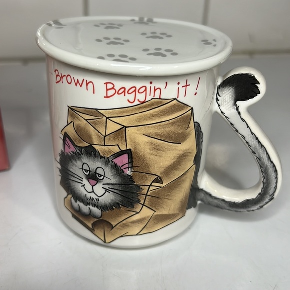 Vintage "Brown Baggin' It" Stoneware Cat Mug  with Lid Japan - Picture 2 of 8